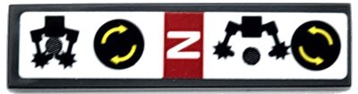LEGO part Tile 1 x 4 with Black and White Circular Saw Blade Operation Instructions, Capital Letter N in Red Rectangle and Yellow Curved Arrows Pattern Model Right Side (Sticker) - Set 42080 (2431pb0847R)