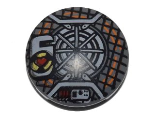 LEGO onderdeel Plate, Round 2 x 2 with Rounded Bottom and Grid, Black and Orange Concentric Circles and Red Heart (Proton Pack) Pattern (2654pb008)
