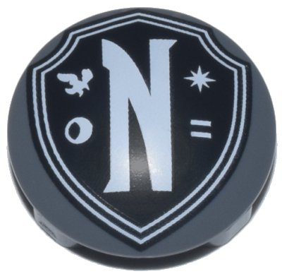LEGO part Plate, Round 2 x 2 with Rounded Bottom (Boat Stud) with Black Nevermore Academy Shield Emblem with White Border, Letter N, Raven, Moon, Star, and Equal Sign Pattern (2654pb028)