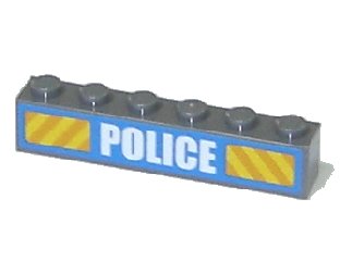 LEGO onderdeel Brick 1 x 6 with White 'POLICE' Bold Narrow Font and Yellow Diagonal Stripes on Blue Pattern (Sticker) - Set 7743 (3009pb122)