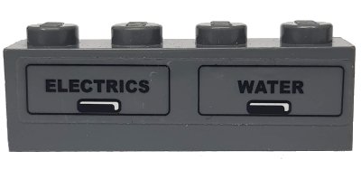 LEGO part Brick 1 x 4 with Black 'ELECTRICS' and 'WATER' Pattern (Sticker) - Set 7938 (3010pb052L)