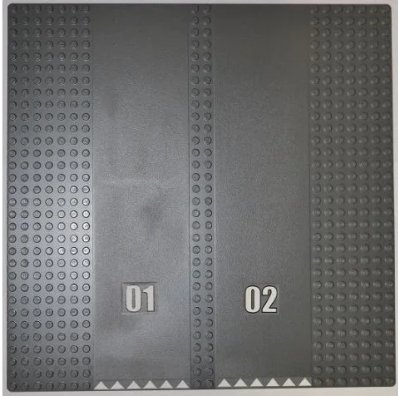 LEGO onderdeel Baseplate, Road 32 x 32 7-Stud Straight with Double Driveway with '01' and '02' and White Triangles Pattern (Stickers) - Set 7498 (30225c01pb04)