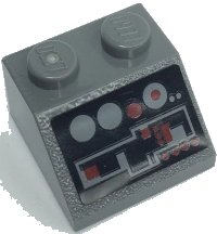LEGO part Slope 45 2 x 2 with Dark Bluish Gray and Dark Red Control Panel with Buttons on Black Background Pattern (Sticker) - Set 8091 3039pb119