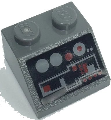 LEGO onderdeel Slope 45 2 x 2 with Dark Bluish Gray and Dark Red Control Panel with Buttons on Black Background Pattern (Sticker) - Set 8091 (3039pb119)