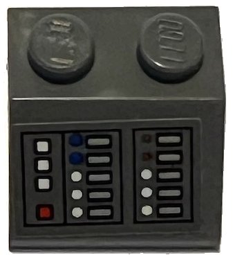 LEGO onderdeel Slope 45 2 x 2 with Control Panel with Vertical Rows of White, Red, and Blue Buttons and Light Bluish Gray Displays Pattern (Sticker) - Set 75315 (3039pb156)