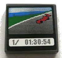 LEGO part Tile 2 x 2 with Race Car and '1/ 01:30:54' on Screen Pattern (Sticker) - Set 8672 3068pb0325