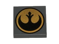LEGO part Tile 2 x 2 with Black SW Rebel Alliance Symbol on Gold Circle Pattern 3068pb0476
