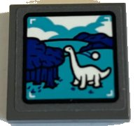 LEGO part Fliese 2 x 2 mit weißem Brachiosaurus, blauen Bäumen, dunkelgrünen Hügeln und Wolken auf Bildschirm Muster (Aufkleber) - Set 75941 3068pb2373