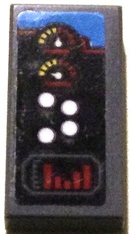 LEGO part Tile 1 x 2 with Control Panel with Gauges, White Buttons and Red Bar Chart Pattern Model Left Side (Sticker) - Set 70916 (3069pb1201L)