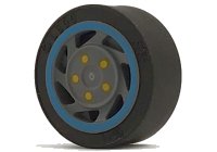 LEGO part Wheel 11mm D. x 6mm with 7 Slanted Spokes with Blue Rim Edge and Yellow Bolts Pattern with Black Tire 14mm D. x 6mm Solid Smooth (30838pb01 / 50945) 30838pb01c01