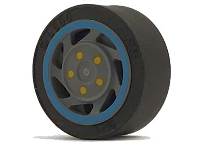LEGO part Wheel 11mm D. x 6mm with 7 Slanted Spokes with Blue Rim Edge and Yellow Bolts Pattern with Black Tire 14mm D. x 6mm Solid Smooth (30838pb01 / 50945) (30838pb01c01)