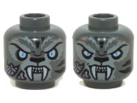 LEGO part Minifigure, Head Dual Sided Alien Chima Tiger White Fangs, Black Stripes and Bright Light Blue Eyes, Neutral / Angry Pattern (Stealthor) 3626pb1143