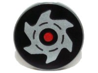 LEGO part Tile, Round 2 x 2 with Red Circle and Silver Saw Blade on Black Background Pattern 4150pb147