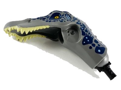 LEGO onderdeel Dinosaur Head Baryonyx with Pin, Tan Teeth, Dark Blue and Metallic Light Blue Spots Pattern (53309c01pb01)