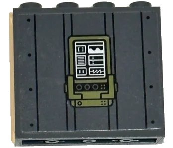 LEGO onderdeel Panel 1 x 4 x 3 with Side Supports - Hollow Studs with Olive Green Control Panel with White Charts, Black Lines and Rivets Pattern (Sticker) - Set 75933 (60581pb240)