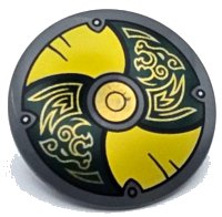 LEGO onderdeel Minifigure, Shield Circular Convex Face with Yellow and Dark Green Alternating Panels with Gold Center Circle and Odin's Wolves Pattern 75902pb29