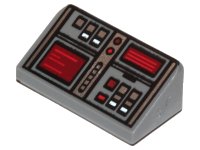 LEGO part Slope 30 1 x 2 x 2/3 with Red, White, and Silver Buttons, Dark Red Screens Pattern 85984pb127