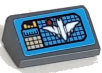 LEGO part Slope 30 1 x 2 x 2/3 with Dark Azure Screen, Red Dot, Graphs and White Batwing on Black Grid Pattern (Sticker) - Set 70916 85984pb416