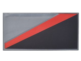 LEGO part Tile 2 x 4 with Black Triangle Lower Right and Red Diagonal Stripe Pattern (87079pb0343L)