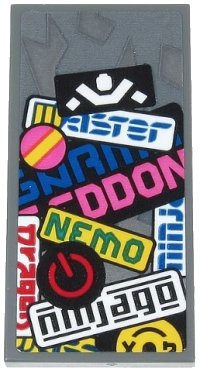 LEGO onderdeel Tile 2 x 4 with Black 'ninjago', Green 'NEMO', White Ninja Silhouette, Power Button, Yellow Stripe and Partial Text Pattern (Sticker) - Set 71710 87079pb0690