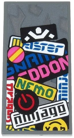LEGO onderdeel Tile 2 x 4 with Black 'ninjago', Green 'NEMO', White Ninja Silhouette, Power Button, Yellow Stripe and Partial Text Pattern (Sticker) - Set 71710 (87079pb0690)
