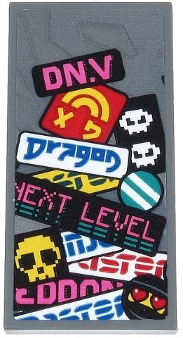 LEGO onderdeel Tile 2 x 4 with Dark Pink 'DN.V' and 'NEXT LEVEL', Blue 'Dragon', Yellow Skull, Faces, Stripes and Partial Text Pattern (Sticker) - Set 71710 (87079pb0691)