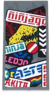 LEGO part Tile 2 x 4 with Red 'ninjago', Green 'ninja', Blue Ninja Silhouette, White Stripe on Red Circle and Partial Text Pattern (Sticker) - Set 71710 87079pb0692