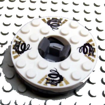 LEGO onderdeel Turntable 6 x 6 x 1 1/3 Round Base with White Top with Black Dragons on Gold Pattern (Ninjago Spinner) (92549c01pb01)
