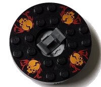 LEGO part Turntable 6 x 6 x 1 1/3 Round Base with Black Top with Orange Skulls on Red Pattern (Ninjago Spinner) 92549c02pb02