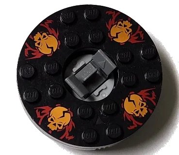 LEGO onderdeel Turntable 6 x 6 x 1 1/3 Round Base with Black Top with Orange Skulls on Red Pattern (Ninjago Spinner) (92549c02pb02)