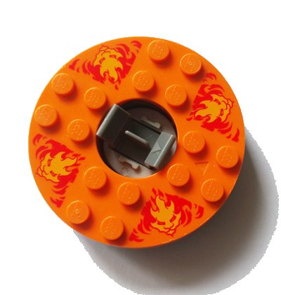 LEGO onderdeel Turntable 6 x 6 x 1 1/3 Round Base with Orange Top and Bright Light Orange Faces on Red Flames Pattern (Ninjago Spinner) (92549c05pb01)
