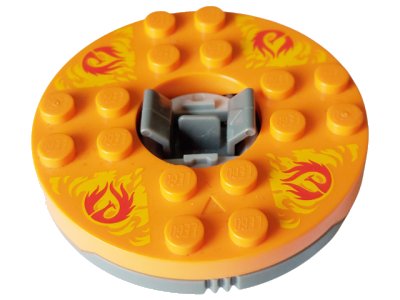 LEGO onderdeel Turntable 6 x 6 x 1 1/3 Round Base with Orange Top and Red Phoenixes on Yellow Flames Pattern (Ninjago Spinner) (92549c05pb02)