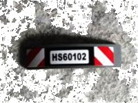 LEGO part Slope, Curved 4 x 1 x 2/3 Double with 'HS60102' and Red and White Danger Stripes Pattern (Sticker) - Set 60102 93273pb119