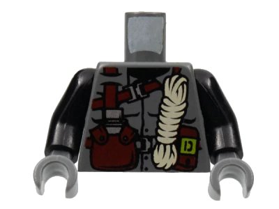 LEGO onderdeel Torso Dino Vest with Dark Red Harness, Canteen, White Rope Pattern / Black Arms / Dark Bluish Gray Hands (973pb0177c01)
