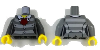LEGO onderdeel Torso Female Jacket with Light Bluish Gray Stripes, 3 Buttons and Dark Red Scarf and Back Print Pattern / Dark Bluish Gray Arms / Yellow Hands (973pb2685c01)