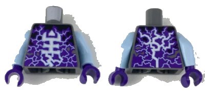 LEGO onderdeel Torso White and Bright Light Blue Rogul Symbol and Lightning over Dark Purple and Black Pattern / Bright Light Blue Arms / Dark Purple Hands (973pb2718c01)