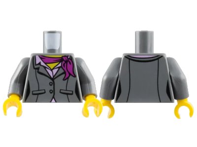 LEGO onderdeel Torso Female Suit Jacket with Buttons, Pockets, and Seams over Bright Pink Shirt with Collar, Magenta Scarf, Yellow Neck Pattern / Dark Bluish Gray Arms / Yellow Hands (973pb3158c01)