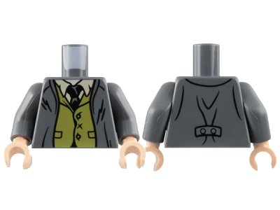 LEGO onderdeel Torso Suit Jacket Open over Olive Green Vest, Tan Shirt, Black Tie, Light Nougat Neck Pattern / Dark Bluish Gray Arms / Light Nougat Hands (973pb3220c01)