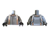 LEGO part Torso Racing Suit with Orange and Silver Stripes, 'McLaren', 'SENNA' and 'PIRELLI' Logo Pattern / Dark Bluish Gray Arms / Black Hands 973pb3505c01