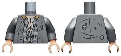 LEGO onderdeel Torso Tattered Jacket, Shirt with Prison Stripes and Light Nougat Chest with Tattoos Pattern / Dark Bluish Gray Arms / Light Nougat Hands (973pb3598c01)