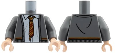 LEGO onderdeel Torso Cardigan Sweater with White Shirt with Wrinkles, Red and Gold Tie and Trim (Gryffindor) Pattern / Dark Bluish Gray Arms / Light Nougat Hands (973pb3934c01)