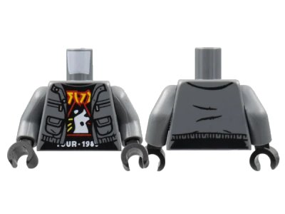 LEGO onderdeel Torso Jacket, Black Band Tour Shirt, Red and Yellow Lettering, White Logo and 'TOUR 198' Pattern / Dark Bluish Gray Arms / Black Hands (973pb4718c01)