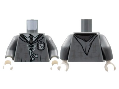 LEGO onderdeel Torso Robe, Light Bluish Gray Shirt and Laces, Silver Striped Tie and Hashmarks Pattern / Dark Bluish Gray Arms / White Hands (973pb4882c01)