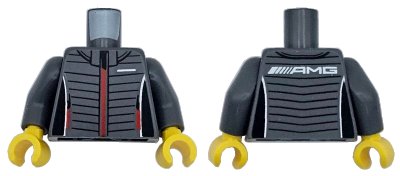 LEGO onderdeel Torso Racing Jacket with Black Trim and Stripes, Red Zipper and Pockets, and White AMG Logo on Back Pattern / Dark Bluish Gray Arms / Yellow Hands (973pb5757c01)