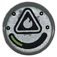LEGO part Tile, Round 1 x 1 with Flame Symbol, Black Triangle and Rivets, and Lime Gauge on Silver Background Pattern 98138pb099