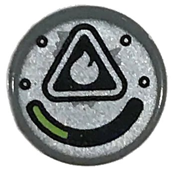 LEGO onderdeel Tile, Round 1 x 1 with Flame Symbol, Black Triangle and Rivets, and Lime Gauge on Silver Background Pattern (98138pb099)