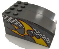 LEGO part Stickered Assembly 6 x 4 x 2 2/3 with Checkered Stripe and Flame Pattern on Both Sides (Stickers) - Set 8134 - 2 Brick 1 x 6, 2 Plate 1 x 4, 1 Plate 2 x 4, 1 Plate 4 x 6, 2 Slope, Curved 6 x 2 BA288pb01