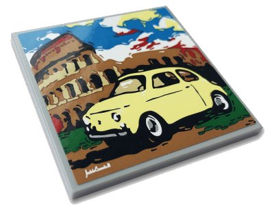 LEGO onderdeel Tile 6 x 6 with Bottom Tubes with Yellow Fiat 500, Colosseum and White Signature Pattern (Sticker) - Set 10271 (10202pb025)