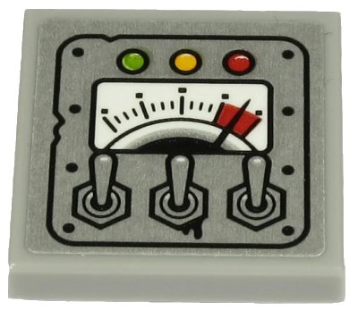 LEGO onderdeel Tile, Modified 2 x 2 Inverted with Gauge, 3 Levers and Green, Yellow and Red Lights on Metal Plate Pattern (Sticker) - Set 70432 (11203pb053)