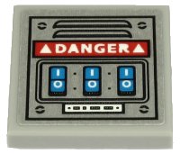 LEGO onderdeel Tegel, Aangepast 2 x 2 Omgekeerd met Witte 'DANGER' en 3 Blauwe Knoppen op Metalen Plaat met Ventilatie Patroon (Sticker) - Set 70432 11203pb054